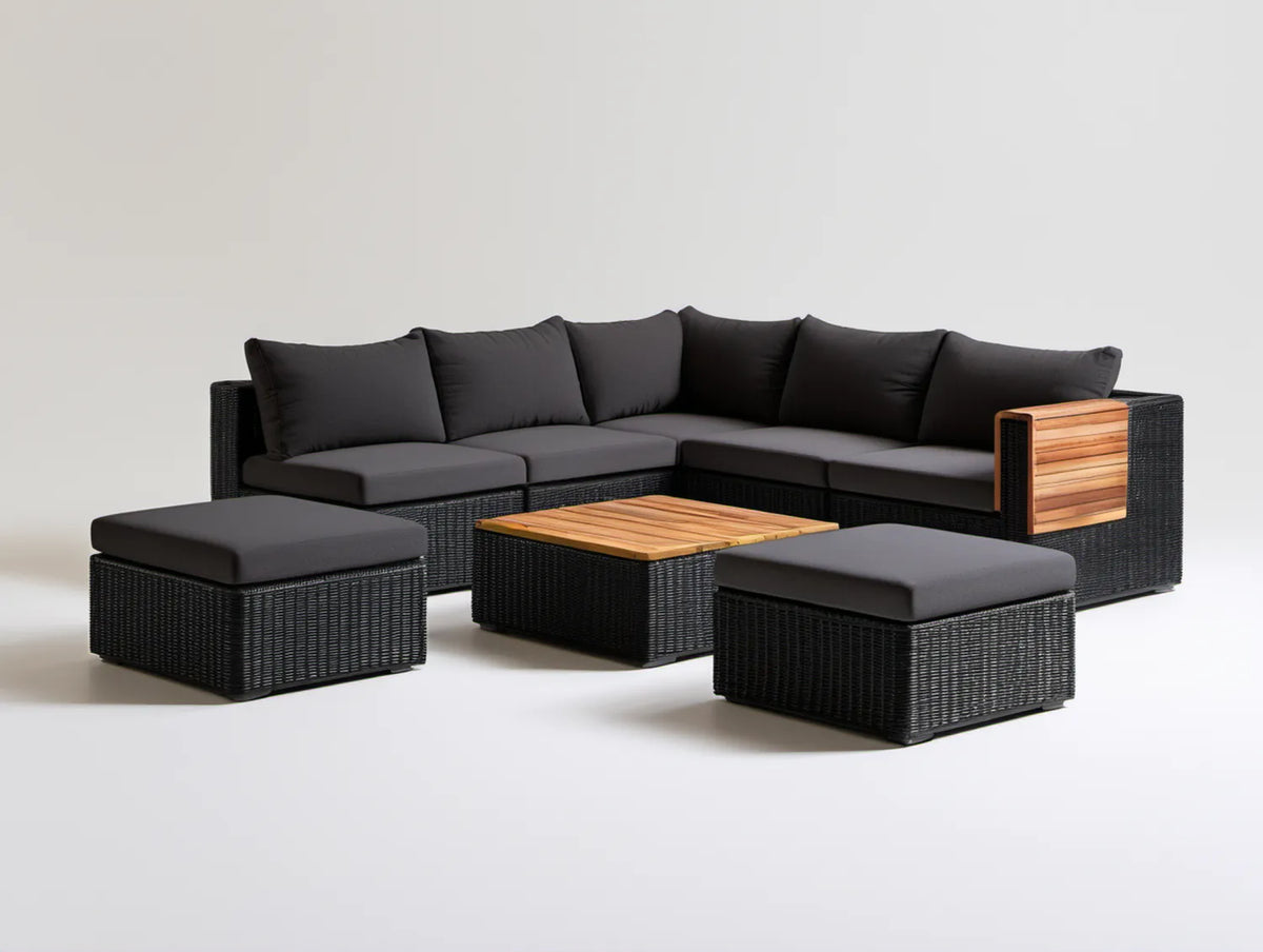 Zestaw ogrodowy z narożnikiem, stolikiem i 2 pufami z technorattanu PE i drewna akacjowego 240 × 180 × 75 × 85 cm Czarny/Ciemnoszary/Brązowy