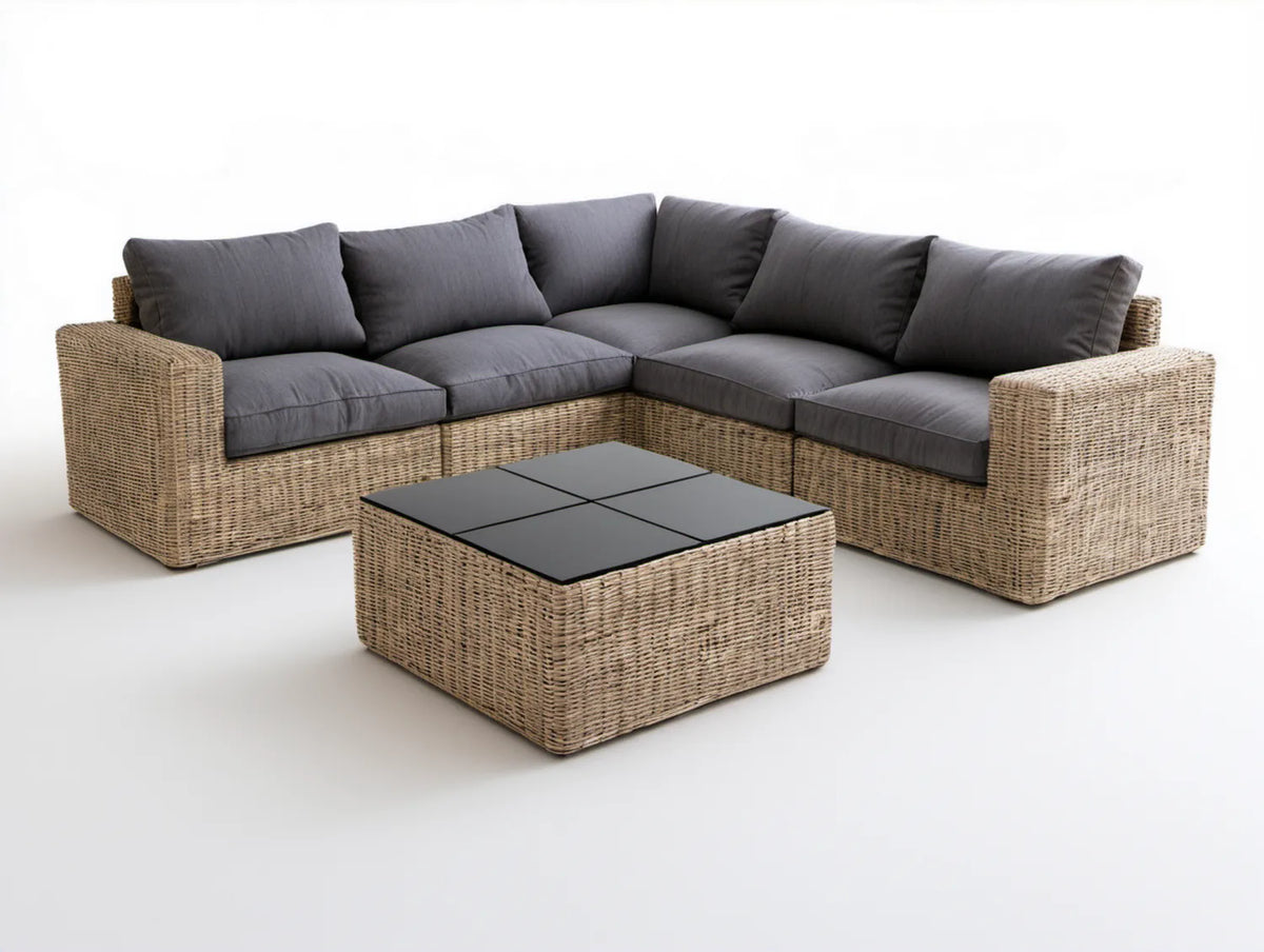 Modułowy narożnik ogrodowy z technorattanu PE 300 x 300 x 90 cm ze stolikiem 90 x 90 cm – beżowy, ciemnoszary i czarny