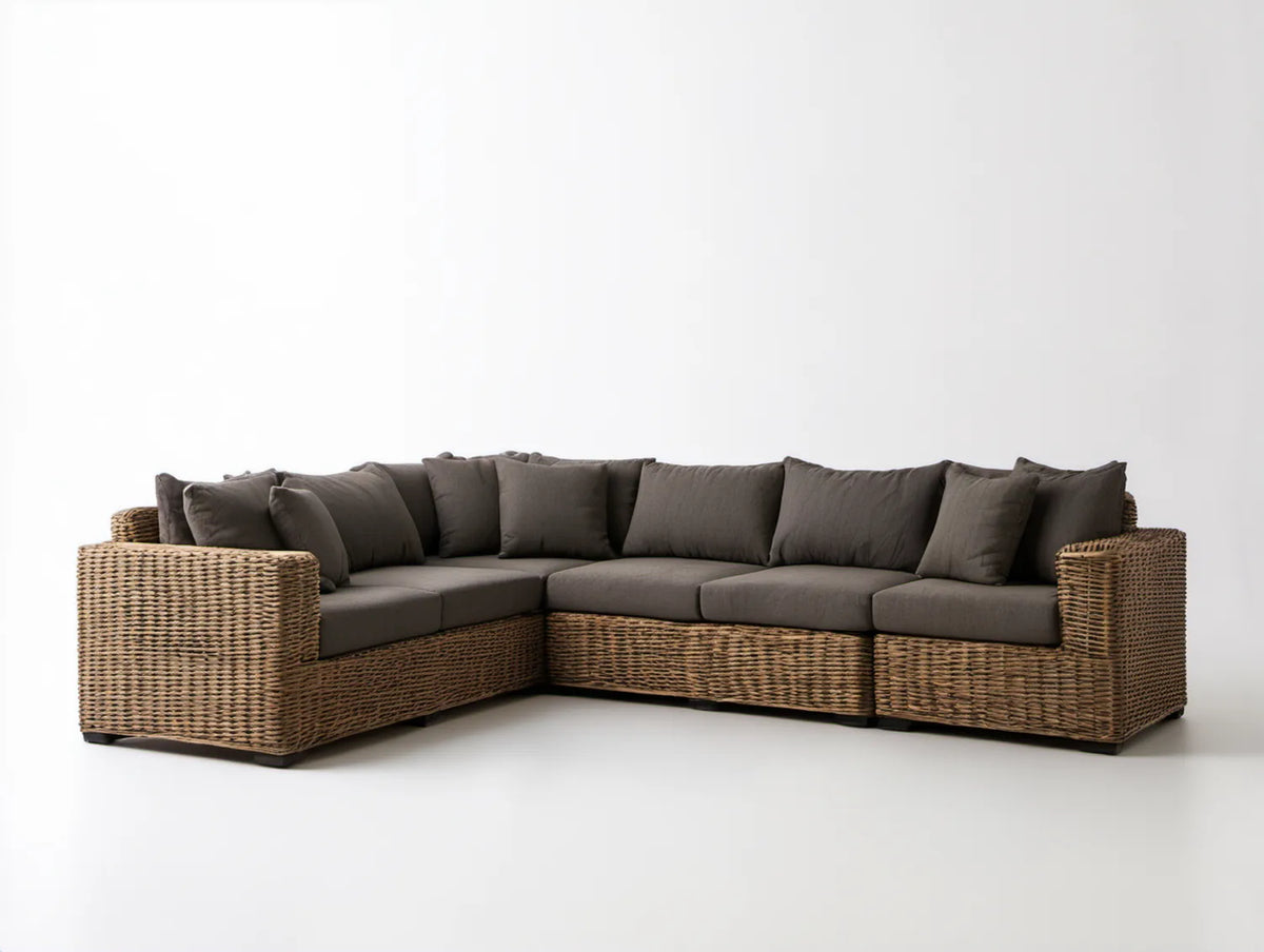 5-osobowa narożna sofa ogrodowa z technorattanu, brązowo-szara, 280 × 220 × 85 cm