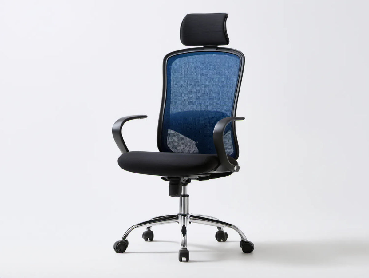 Ergonomiczne krzesło obrotowe granatowo-czarne z chromowaną podstawą, 64 x 64 x 118–128 cm