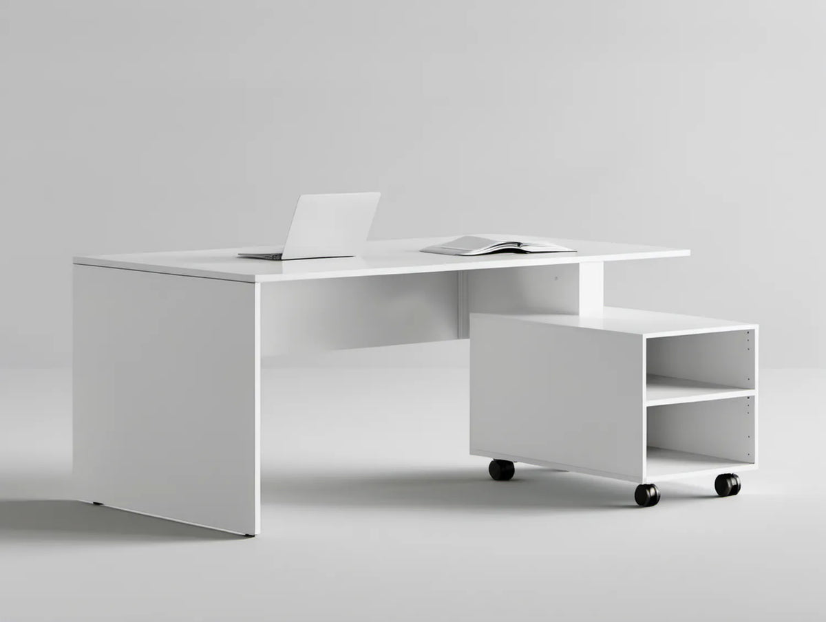 Białe biurko 140 x 60 x 75 cm z mobilnym regałem na kółkach