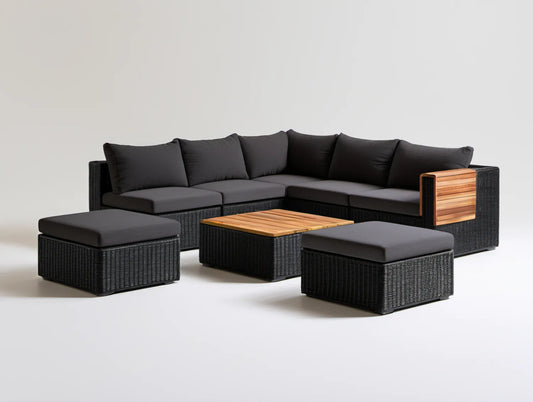 Zestaw ogrodowy z narożnikiem, stolikiem i 2 pufami z technorattanu PE i drewna akacjowego 240 × 180 × 75 × 85 cm Czarny/Ciemnoszary/Brązowy
