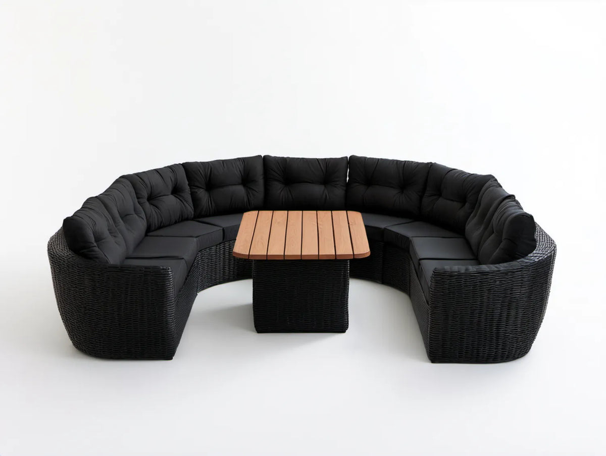 Półokrągły zestaw ogrodowy z technorattanu PE ze stołem z drewna akacjowego, Czarny/Brązowy, 260 x 140 x 85 cm