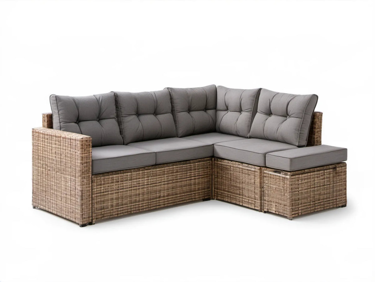 Modułowy narożnik ogrodowy w kształcie L z technorattanu PE, brązowy z szarymi poduszkami, 205 × 205 × 70 cm