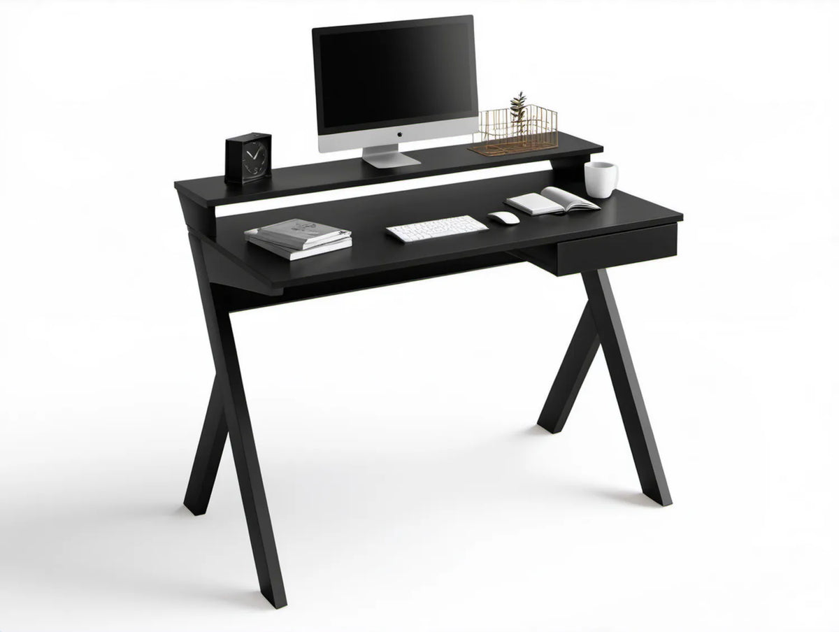 Czarne biurko komputerowe 120 x 60 x 90 cm z półką na monitor i szufladą