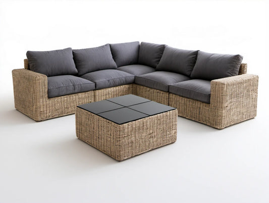 Modułowy narożnik ogrodowy z technorattanu PE 300 x 300 x 90 cm ze stolikiem 90 x 90 cm – beżowy, ciemnoszary i czarny