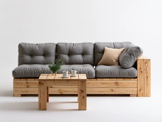 3-osobowa sofa ogrodowa ze stolikiem kawowym, lite drewno sosnowe, szara/naturalny jasny brąz, 220 x 75 x 78 cm