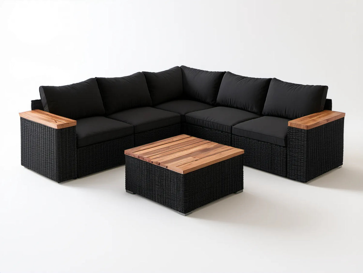 Modułowy narożnik ogrodowy 5-osobowy z technorattanu PE i drewna akacjowego, czarny/brązowy, 250 × 190 × 65 cm