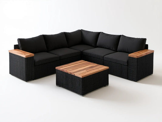 Modułowy narożnik ogrodowy 5-osobowy z technorattanu PE i drewna akacjowego, czarny/brązowy, 250 × 190 × 65 cm