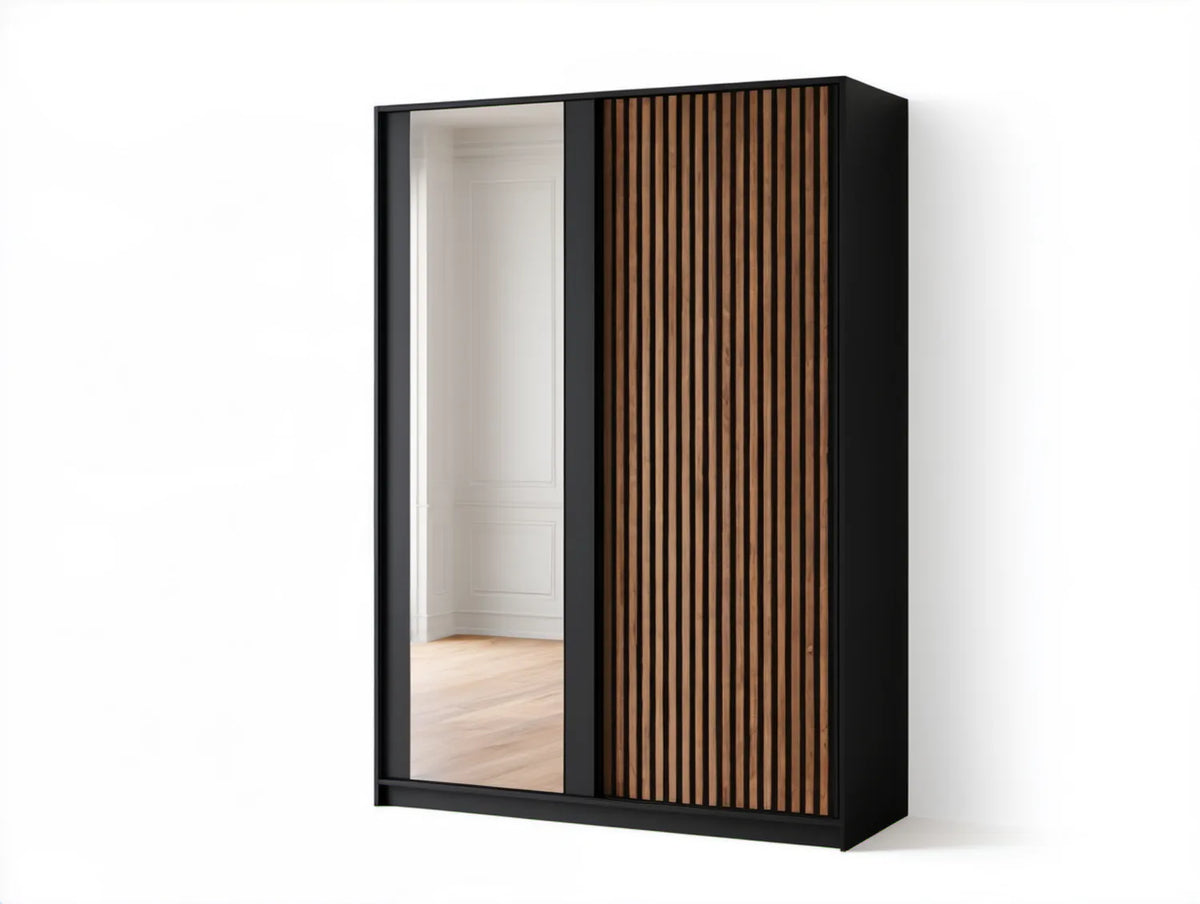 Czarna szafa przesuwna z lustrem i brązowymi lamelami MDF 120 x 60 x 200 cm