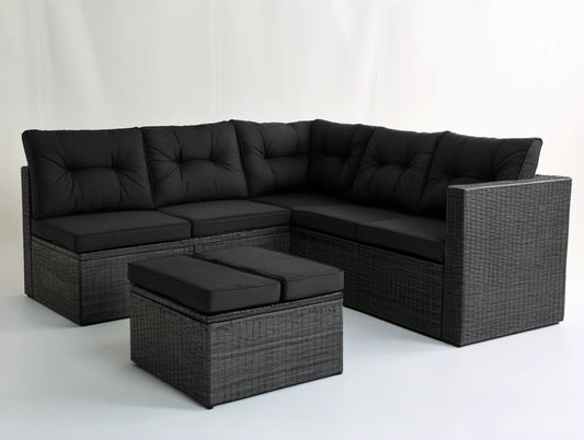 Narożna sofa ogrodowa z pufą z technorattanu PE, antracytowa/czarna, 190 x 190 x 63 cm