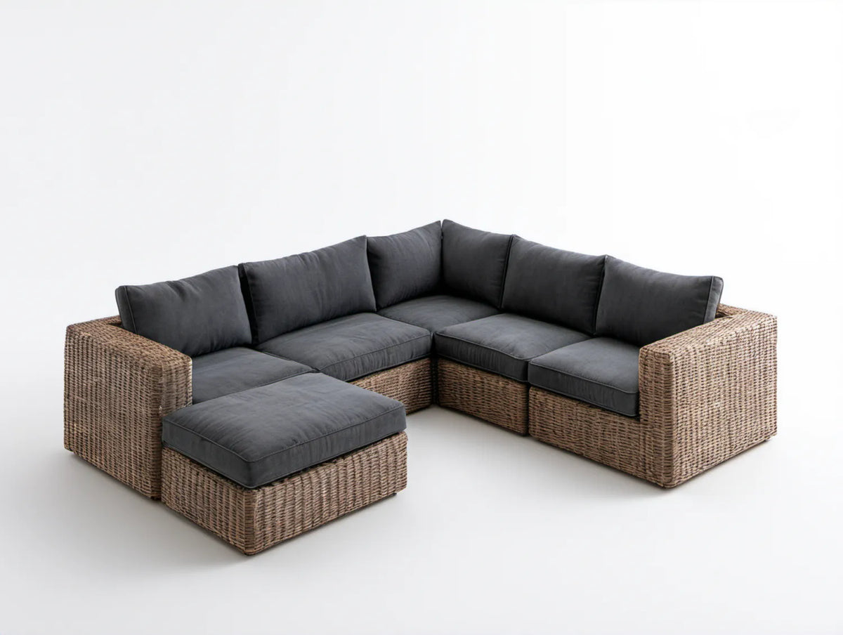 Modułowy narożnik ogrodowy z technorattanu brązowy z grafitowymi poduszkami 250 x 190 x 85 cm