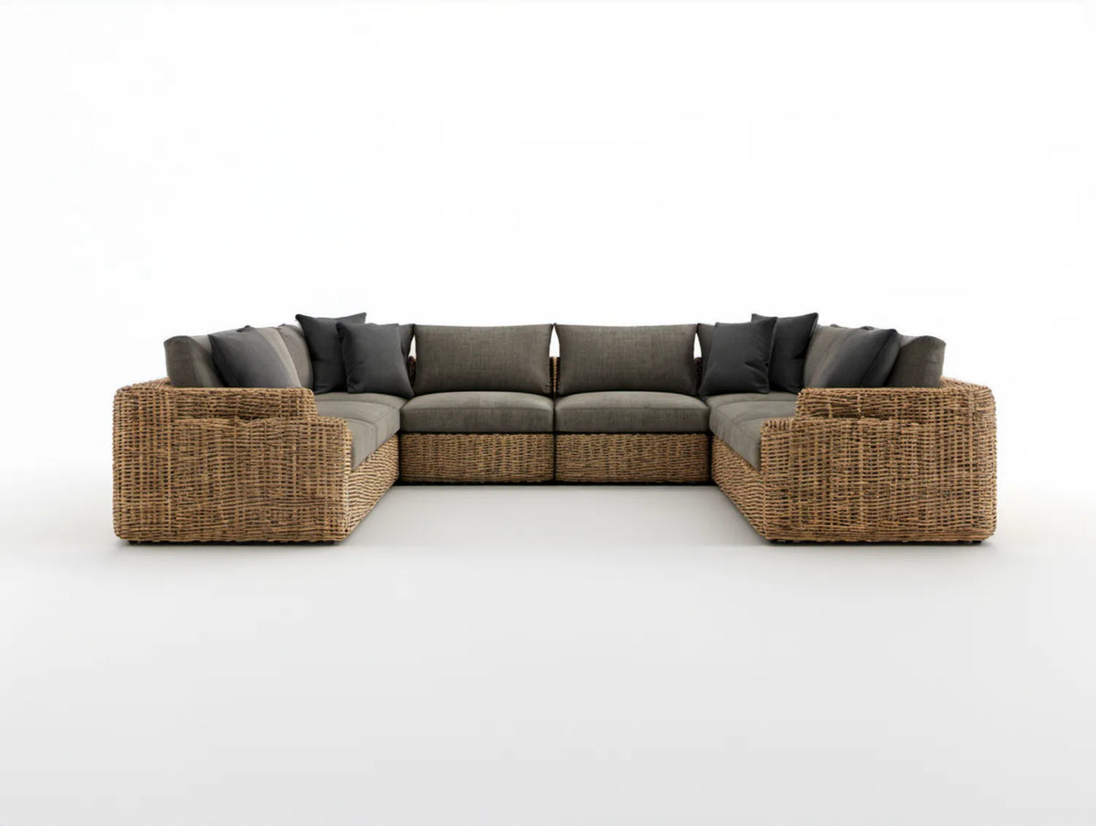 5-osobowa narożna sofa ogrodowa z technorattanu w kształcie U, brązowa z szarymi i antracytowymi poduszkami, 320 x 160 x 75 cm