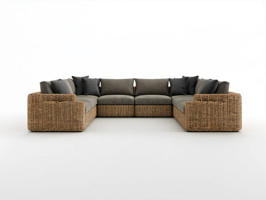 5-osobowa narożna sofa ogrodowa z technorattanu w kształcie U, brązowa z szarymi i antracytowymi poduszkami, 320 x 160 x 75 cm