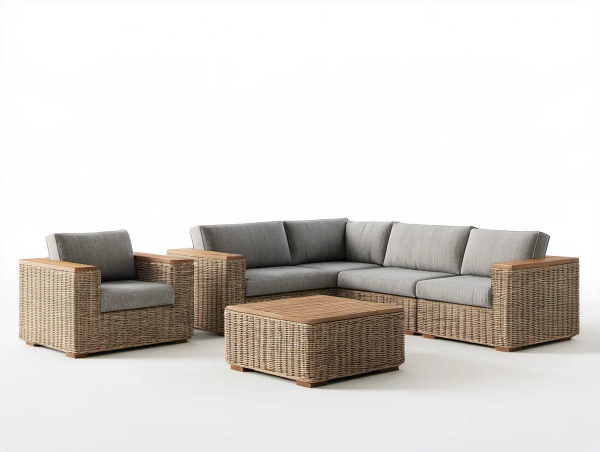 Ogrodowy zestaw z narożnikiem w kształcie L, fotelem i stolikiem, szary/beżowy/brązowy, 215 × 215 cm