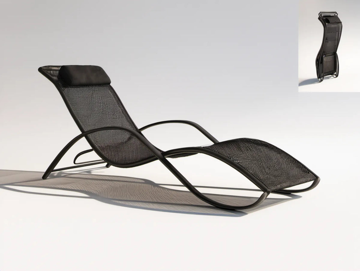Czarny składany leżak ogrodowy ze stali i siatki textilene 178 × 65 × 90 cm