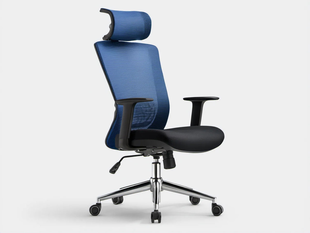 Ergonomiczne obrotowe krzesło biurowe z siatkowym oparciem i zagłówkiem, niebiesko-czarne, 64 x 64 x 118–128 cm
