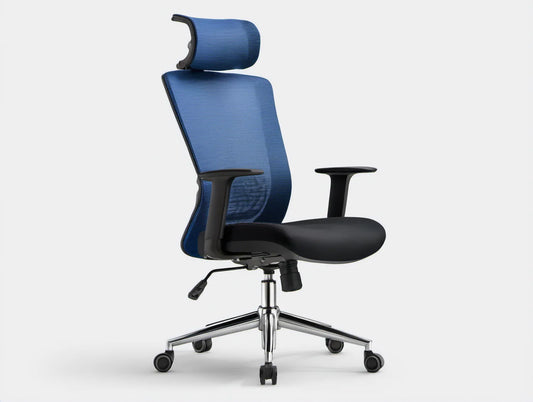 Ergonomiczne obrotowe krzesło biurowe z siatkowym oparciem i zagłówkiem, niebiesko-czarne, 64 x 64 x 118–128 cm