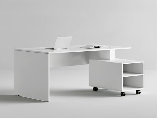 Białe biurko 140 x 60 x 75 cm z mobilnym regałem na kółkach