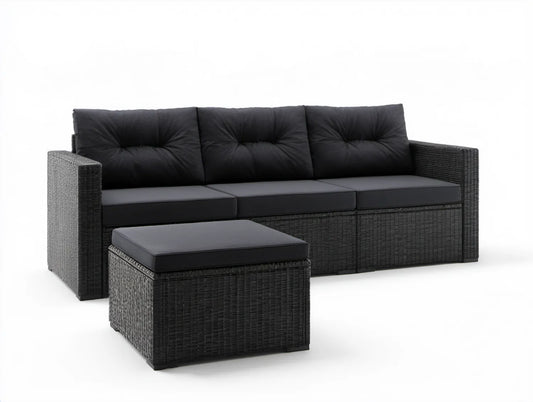 Czarna 3-osobowa sofa ogrodowa z technorattanu PE z pufą 210 × 70 × 63 cm, pufa 60 × 60 × 30 cm
